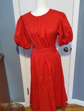 Vibrant Red Midi Dress With Puff Sleeves and Belt